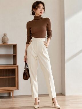 Petite Studio Cream Plaid Accent High Waist Pants Size XS Petite